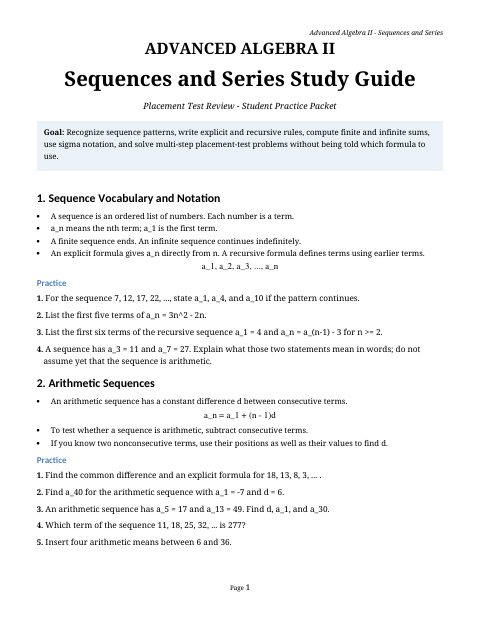 First page of Sequences and Series Study Guide