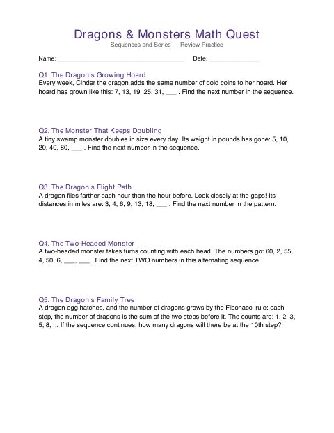 First page of Dragons & Monsters Math Quest: Sequences and Series