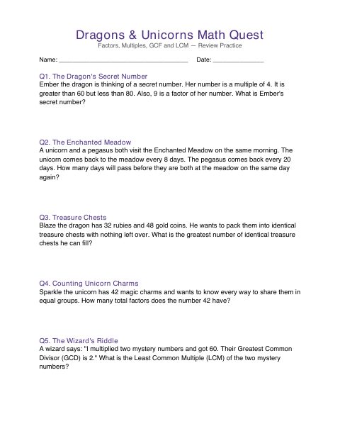 First page of Dragons & Unicorns Math Quest: Factors, Multiples, GCF and LCM