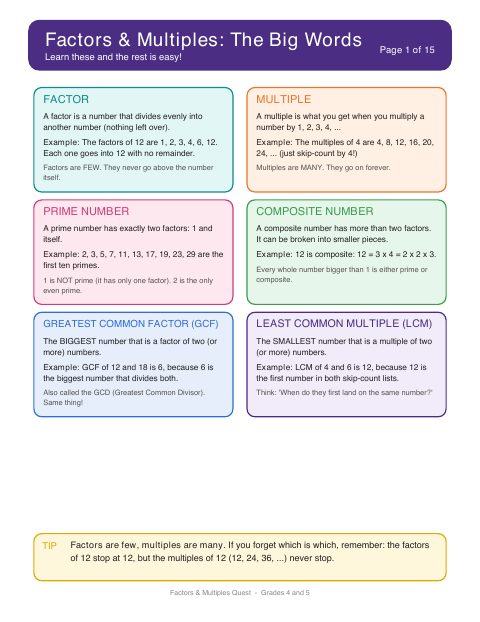 First page of Factors & Multiples Quest: Guide
