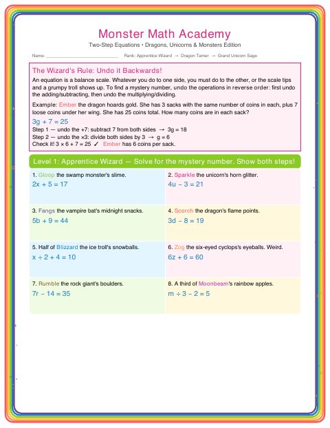 First page of Monster Math Academy: Two-Step Equations