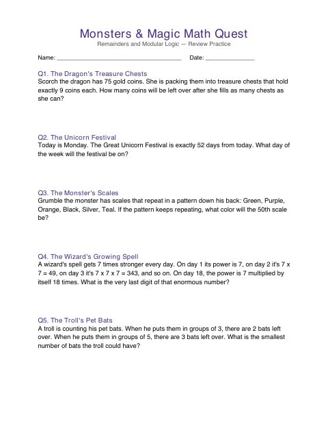 First page of Monsters & Magic Math Quest: Remainders and Modular Logic