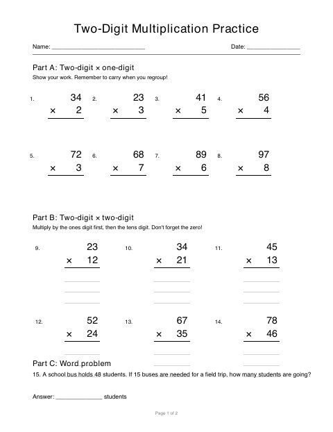 First page of Two-Digit Multiplication Practice