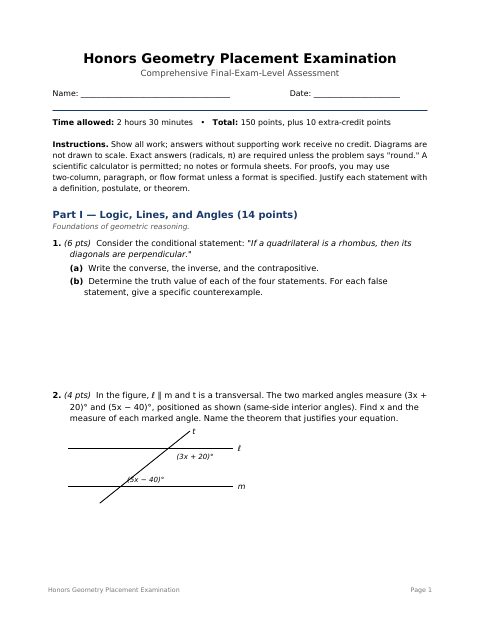 First page of Honors Geometry Placement Examination