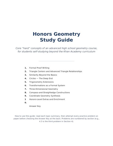 First page of Honors Geometry Study Guide
